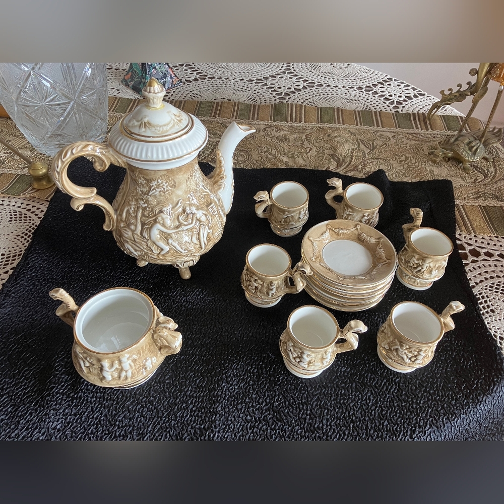 Elegant Embossed Tea Set with Gold Accents By R.Capodinonte Italy